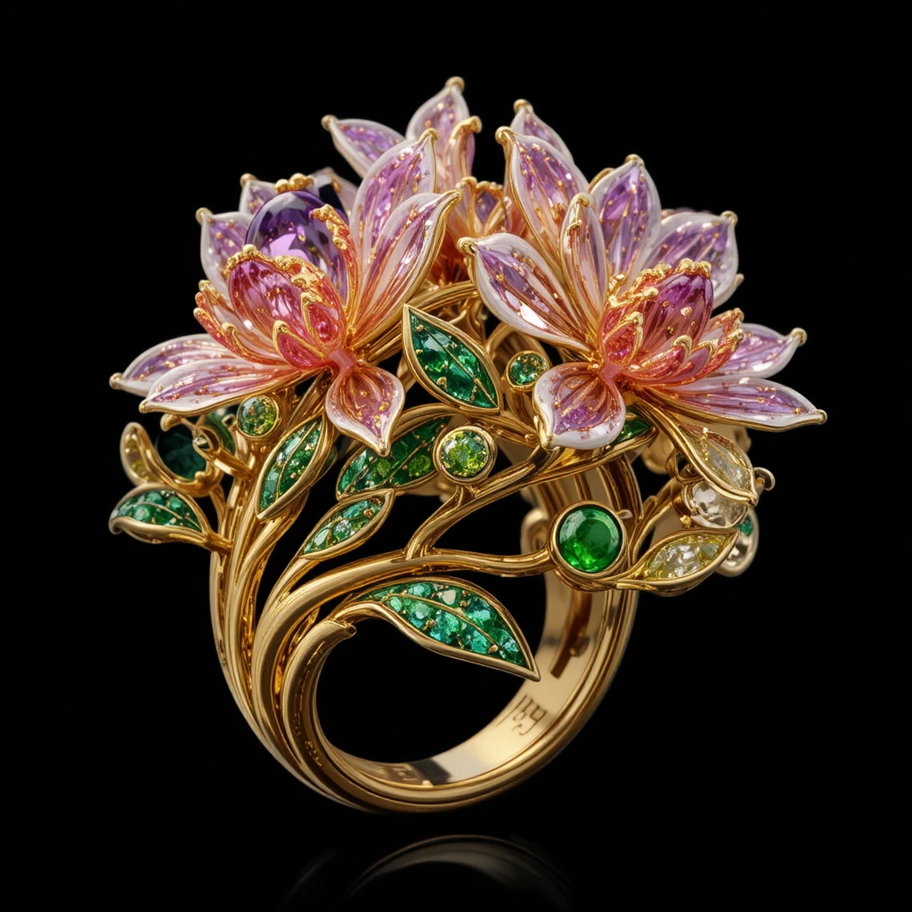 Orchideen-Goldring mit bunten Edelsteinen vor schwarzem Hintergrund