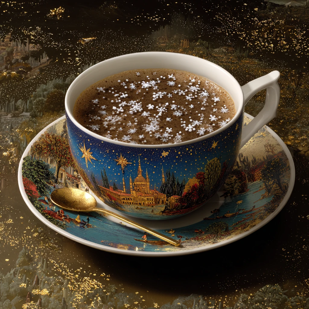 Surreal cup of coffee swirling with soft milky snowflakes