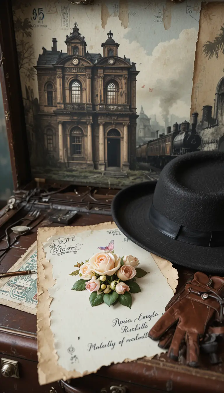 Vintage-Stillleben mit Rosen, Briefmarken und pastellfarbenem Schmetterling