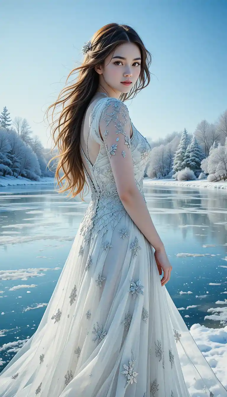 Young woman in white dress by frozen winter lake