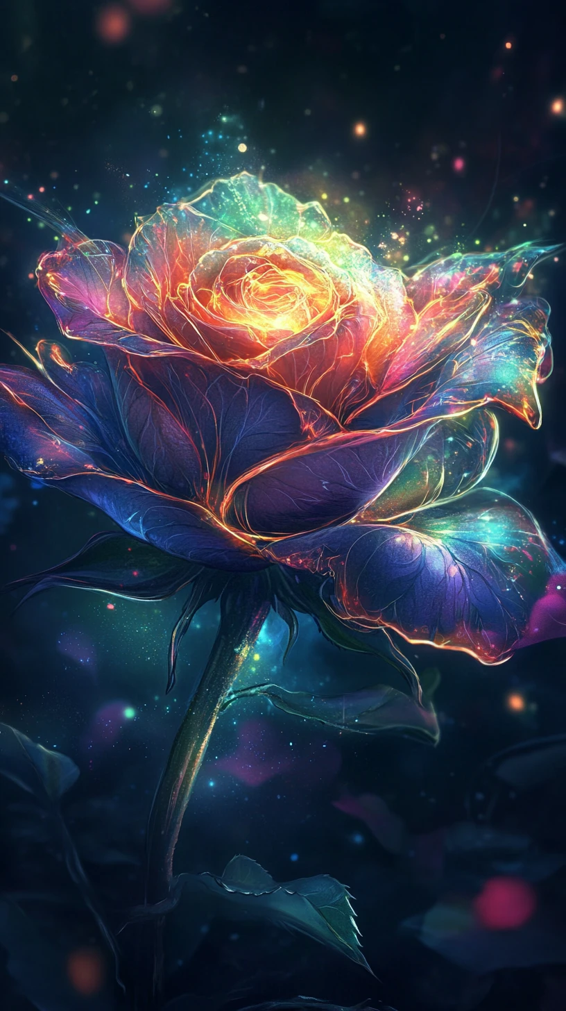 花びらに幻想的なエルフの乙女が描かれた巨大なバラ