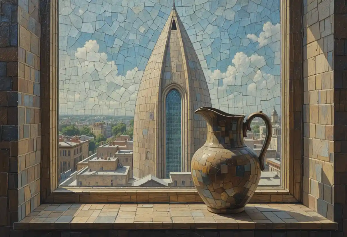 Modernist oil painting of a vase on a bright windowsill
