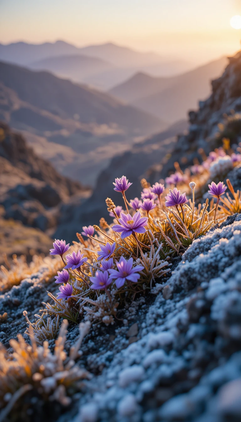 Purple bellflowers on frosted rock in warm sunset glow