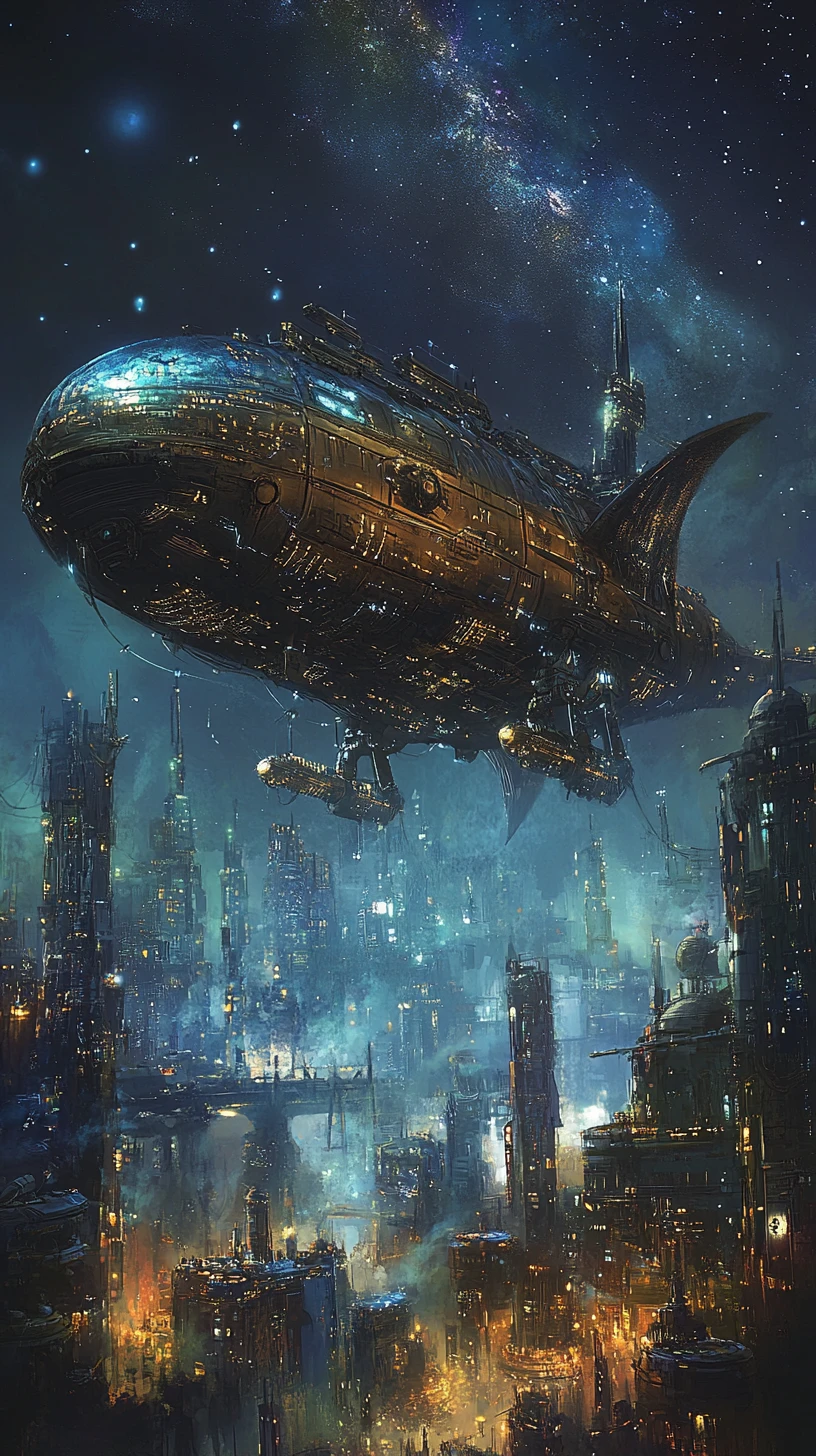 Futuristic Dragon Airship Over A Dark Cyberpunk City