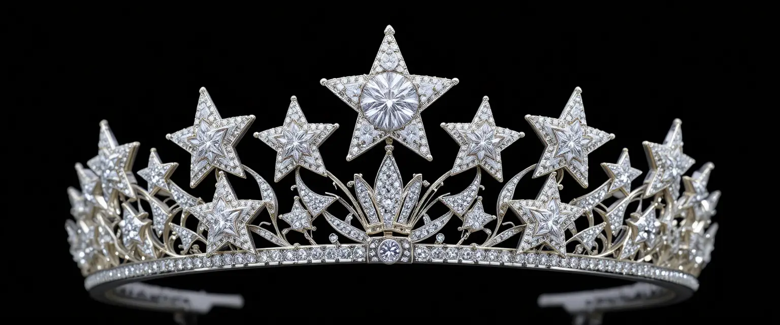 Weißgold-Tiara mit Diamantsternen vor schwarzem Hintergrund