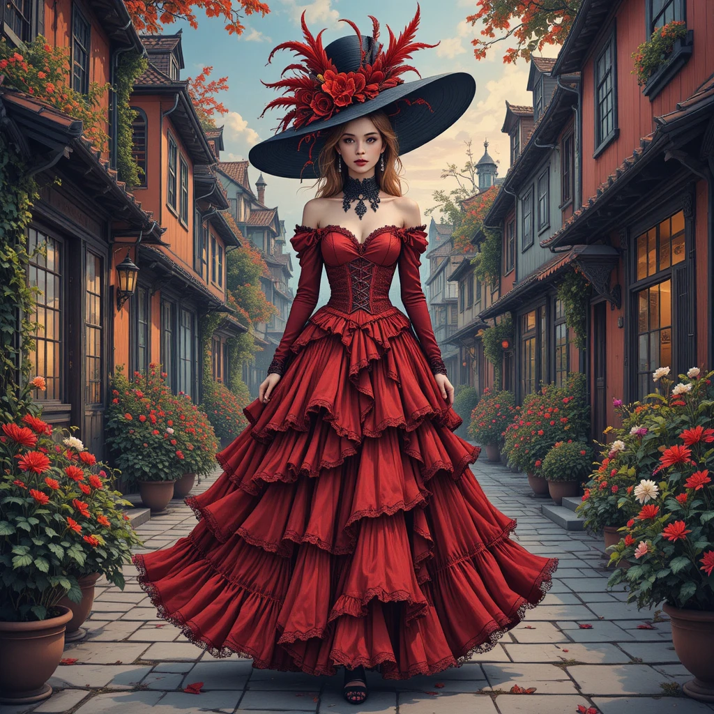 Elegante mulher gótica de vestido vermelho caminhando pela cidade