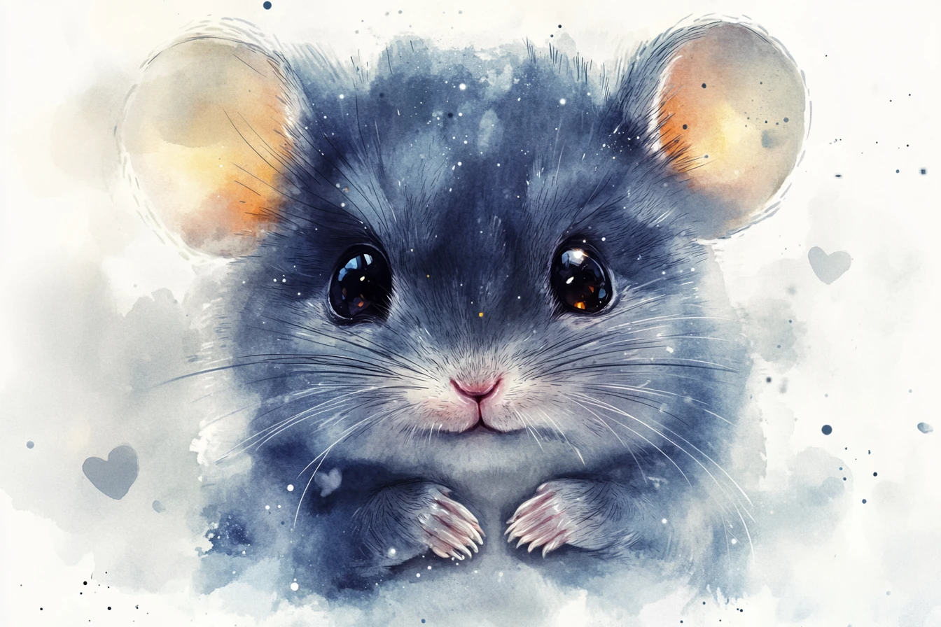 Cute baby chinchilla watercolor close up with sparkling eyes