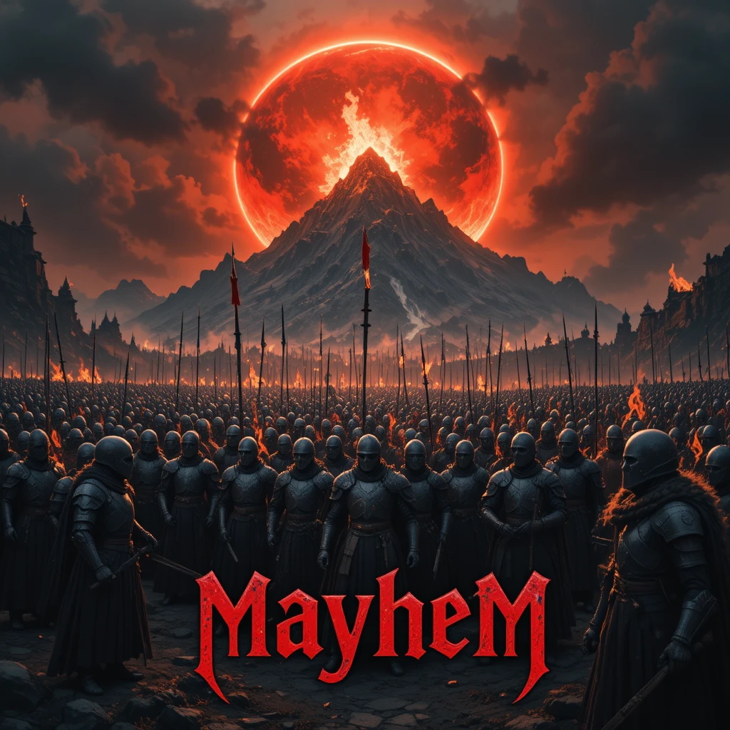Knights battling an undead army beneath a burning mountain