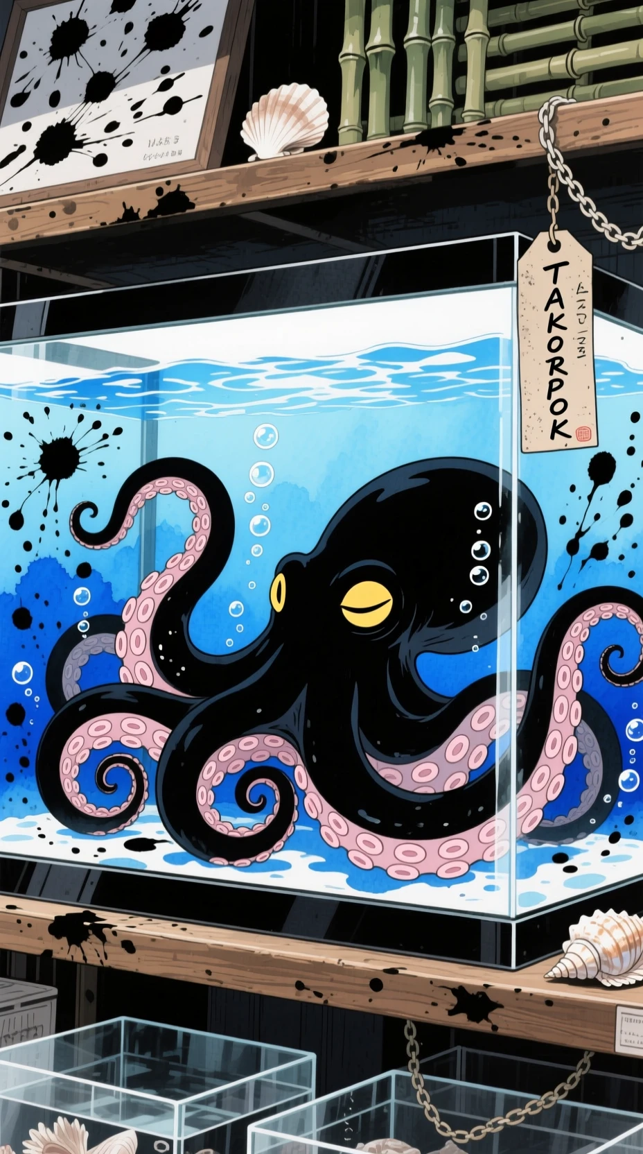 Serene Giant Octopus Resting In A Dim Glass Tank