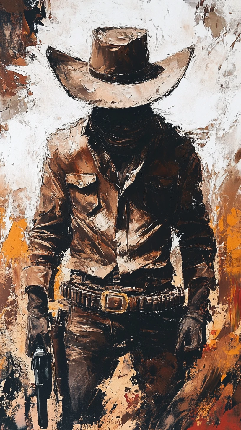 Anime close up of a lone cowboy in a rustic western town