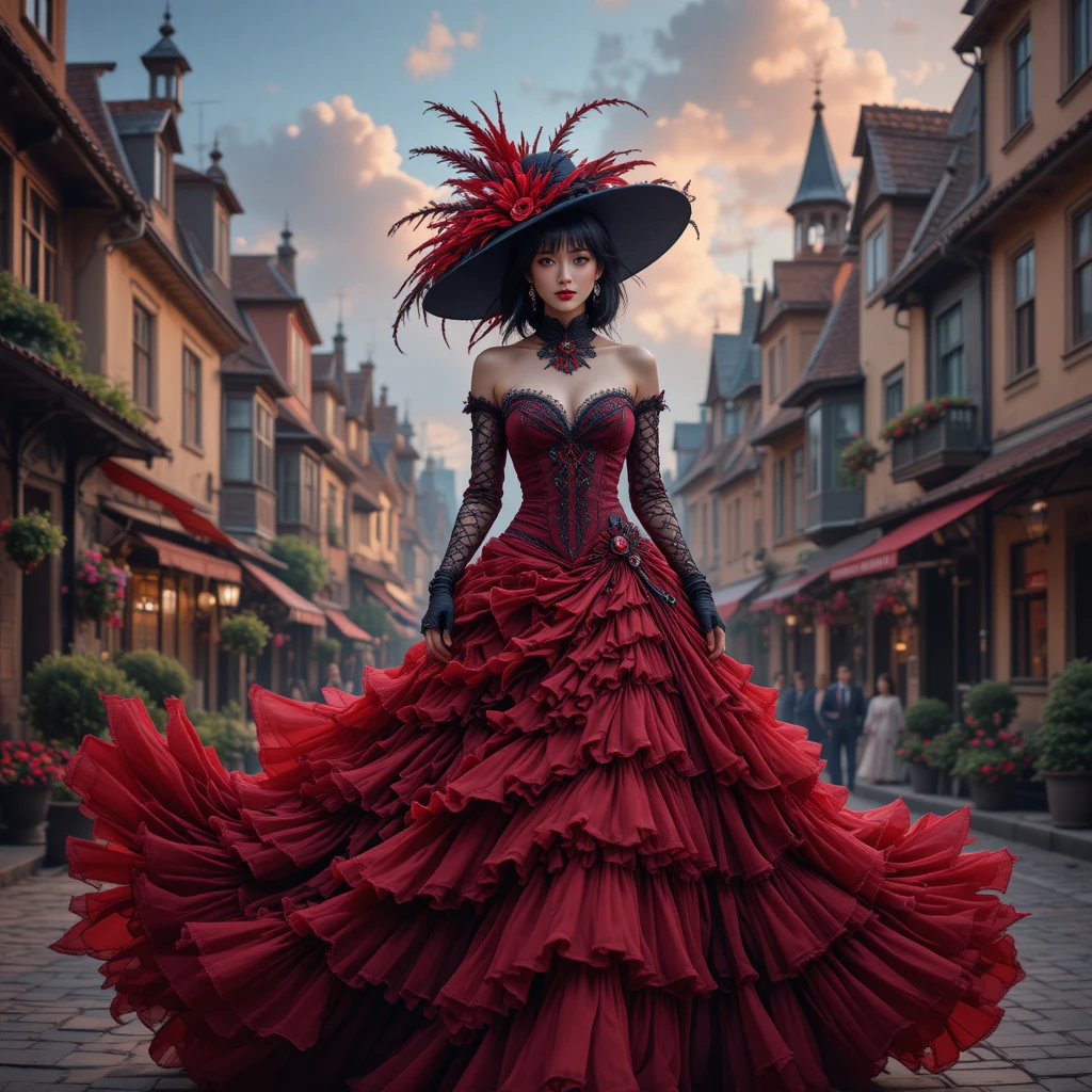 Mulher elegante em vestido gótico vermelho caminhando pela cidade
