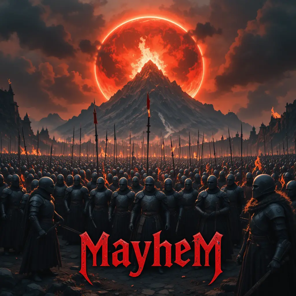 Knights battling an undead army beneath a burning mountain
