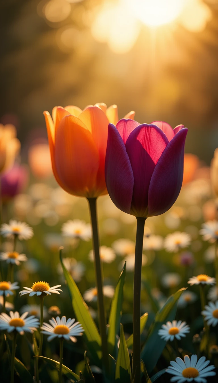 Makro-Tulpen, die in einem warmen, gegenlichtbeleuchteten Blumenfeld leuchten
