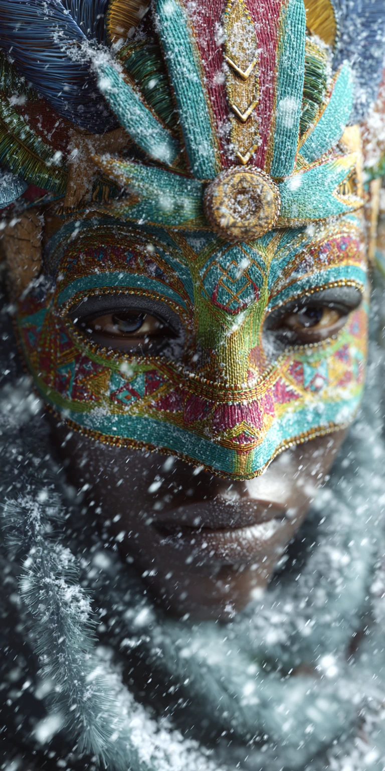 African priestess in a mystical snowy forest scene