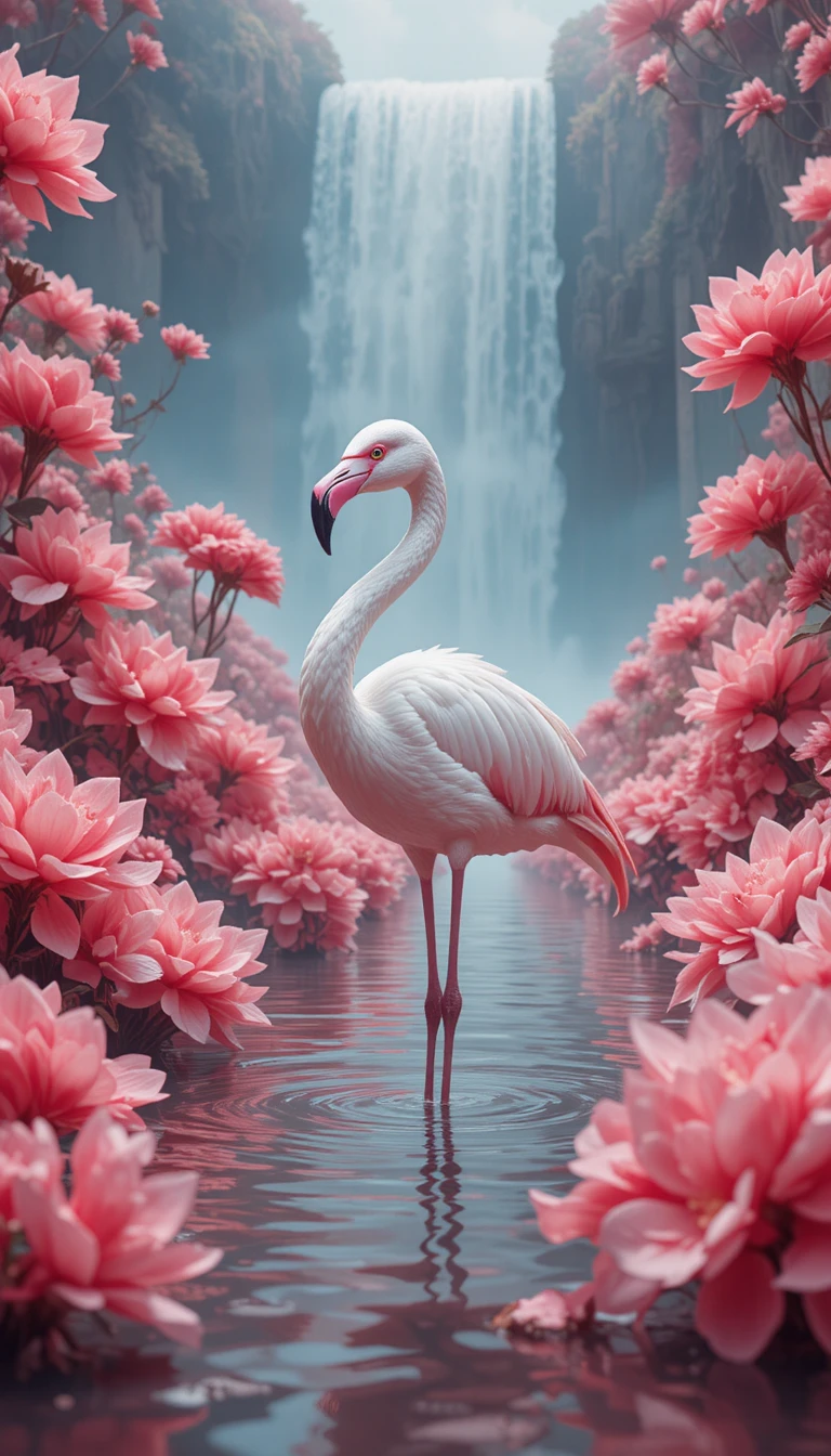 Flamingo branco em piscina dos sonhos com cachoeira enevoada ao fundo