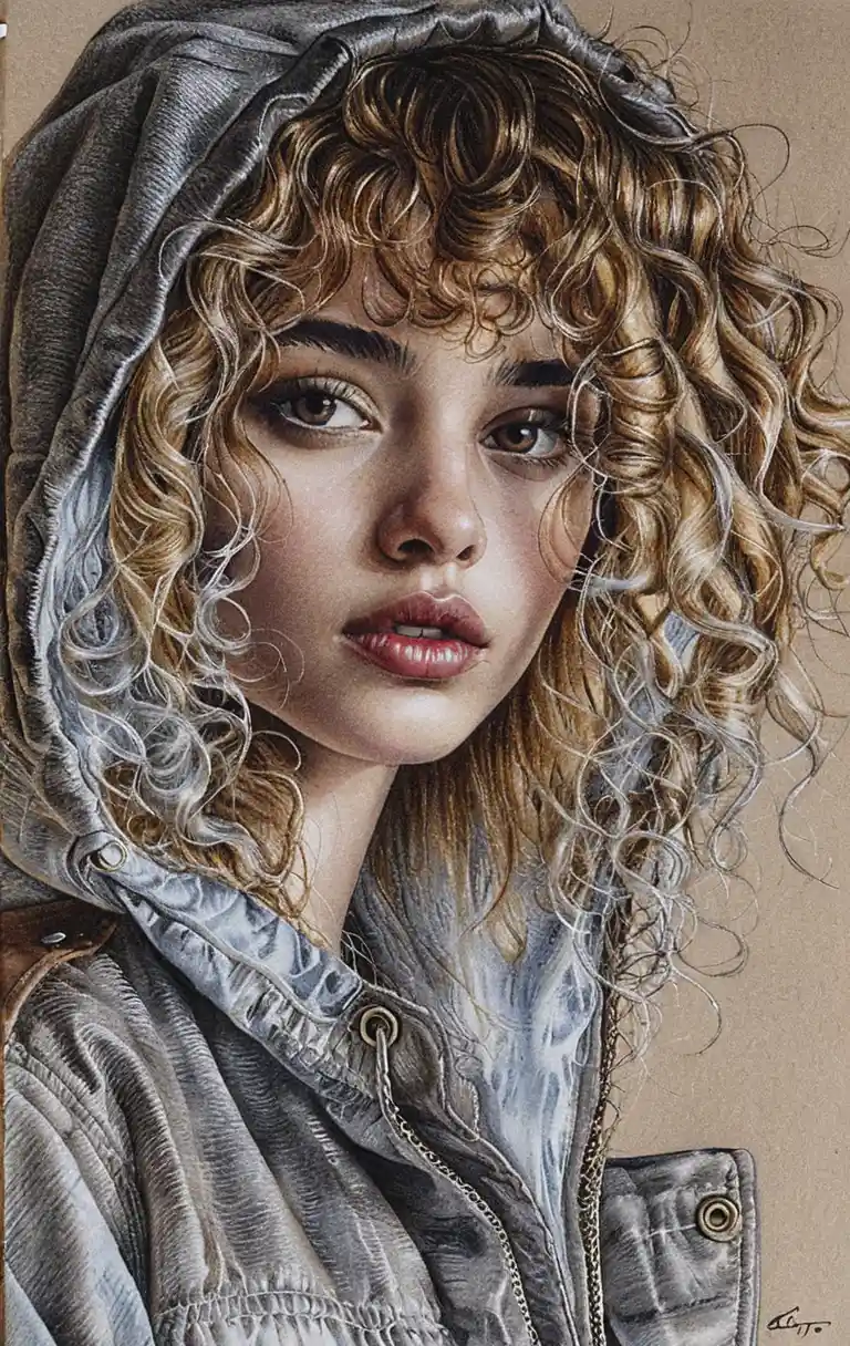 Retrato hiper-realista em grafite de uma jovem de jaqueta bomber com capuz
