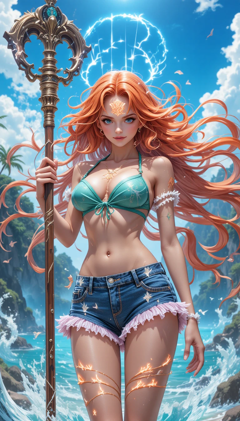 Guerrera de anime con bastón y arcos de runas brillantes