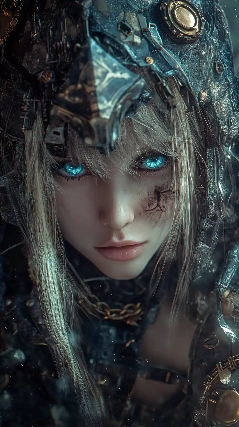 Mulher loira cibernética em armadura orgânica steampunk surreal