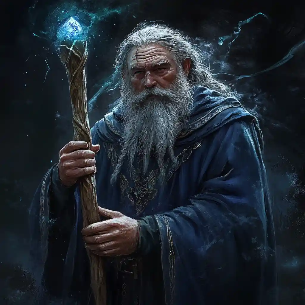 Dark dwarf wizard casting defensive magic in blue robes