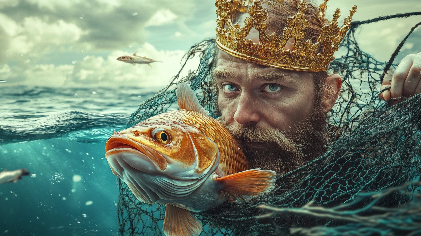 Pescador Erguendo um Peixe Dourado Coroado das Redes do Oceano