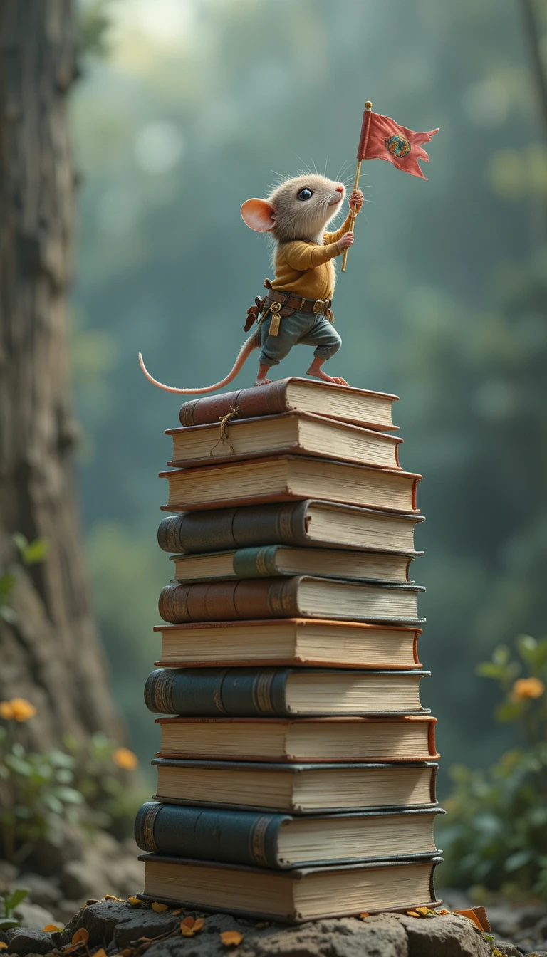 Winzige Klettermaus auf einem turmhohen Stapel Bücher