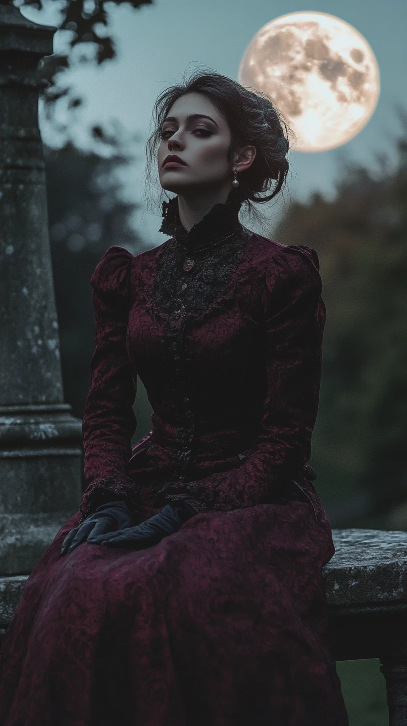 Woman in dark red dress under a full moon