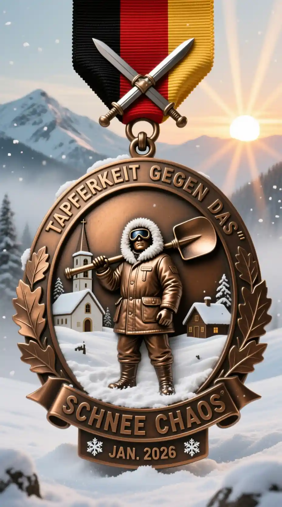 Satirical Winter Heroism Medal In Snowy Village Scene