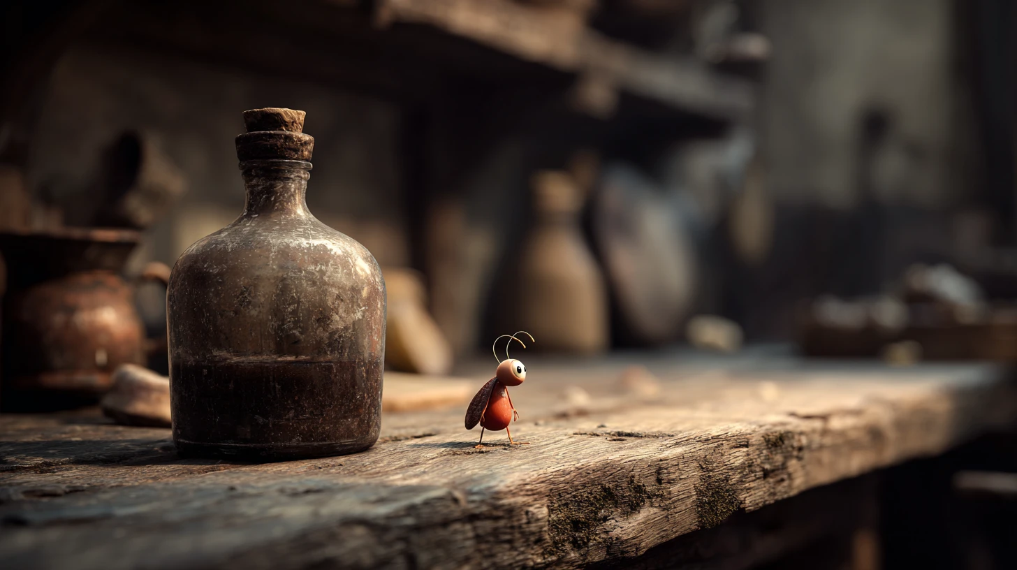 Tiny character beside a glass bottle on wooden table