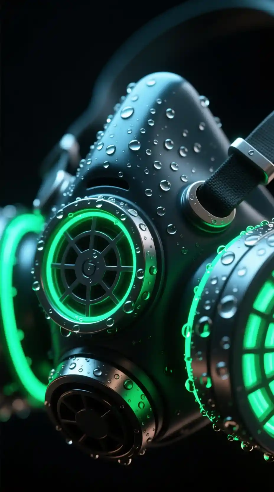 Ultra close up neon respirator mask glowing in the dark