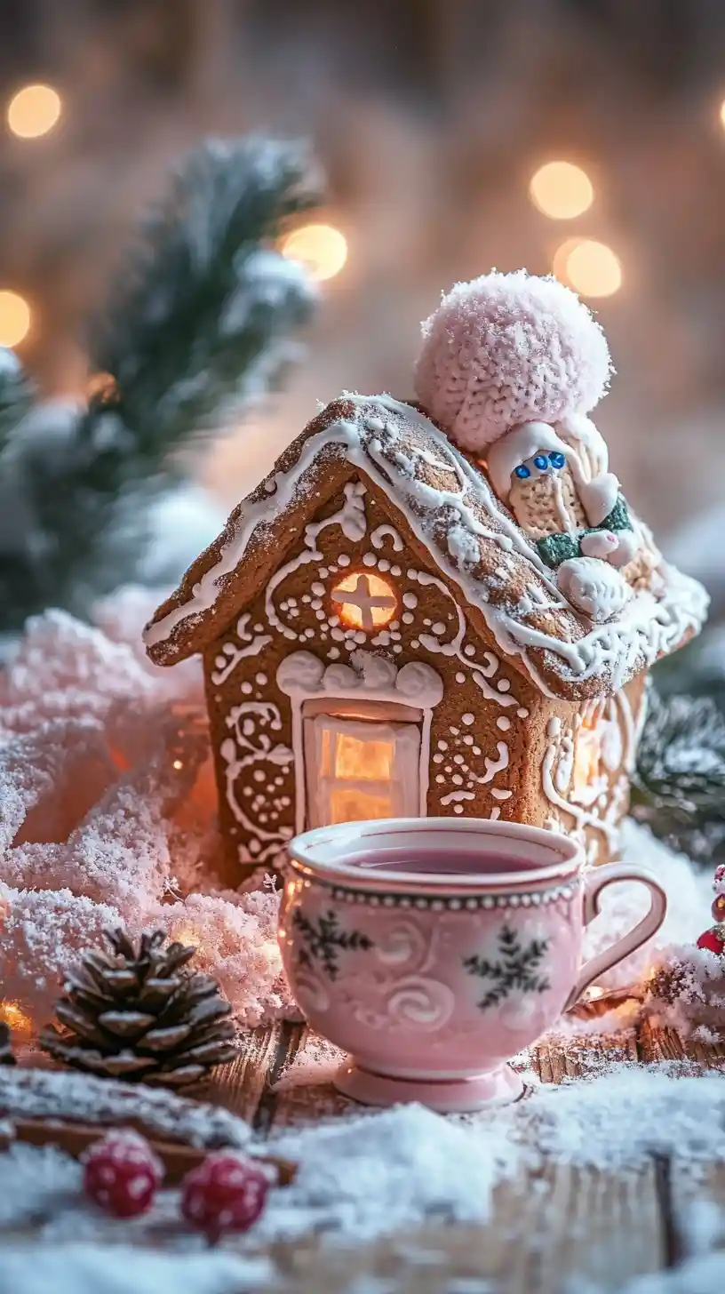 Cozy gingerbread cottage with kitten on a snowy winter evening