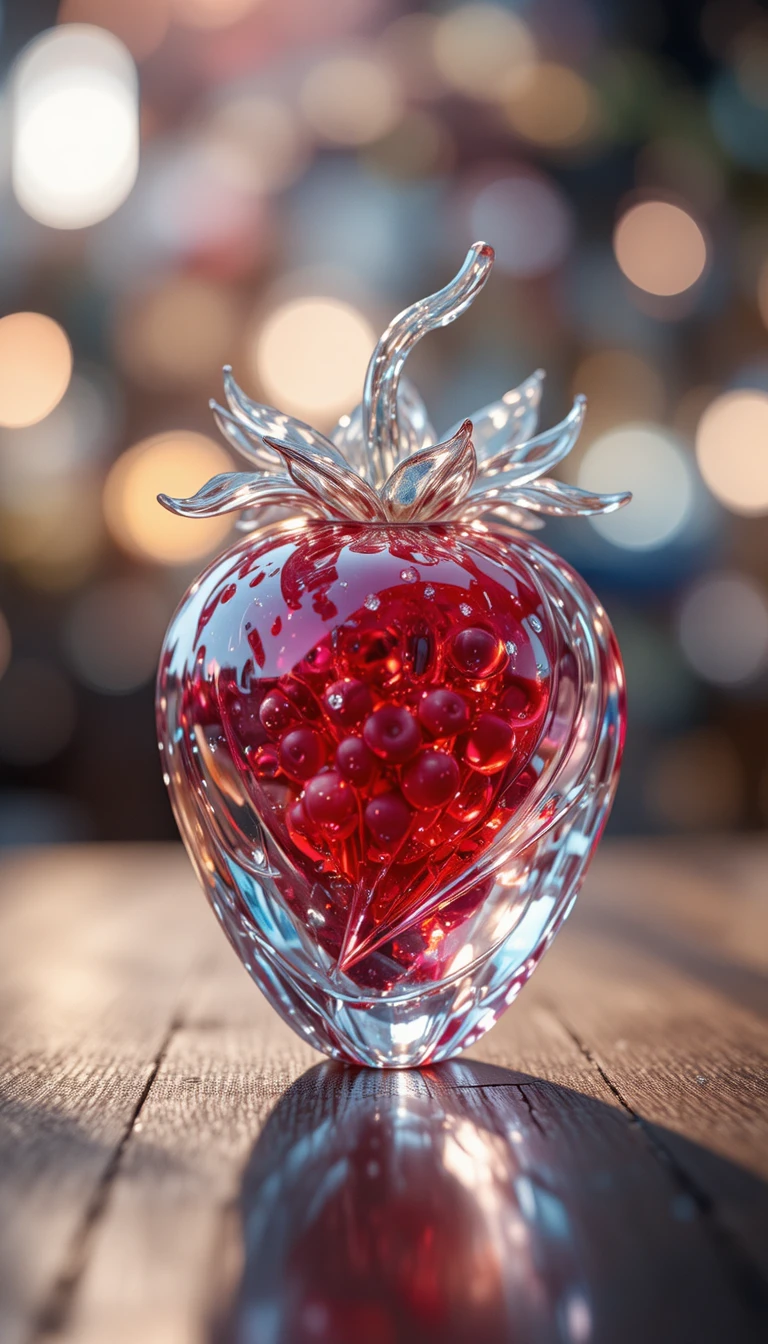 Escultura de Morango de Vidro com Fundo Bokeh Suave