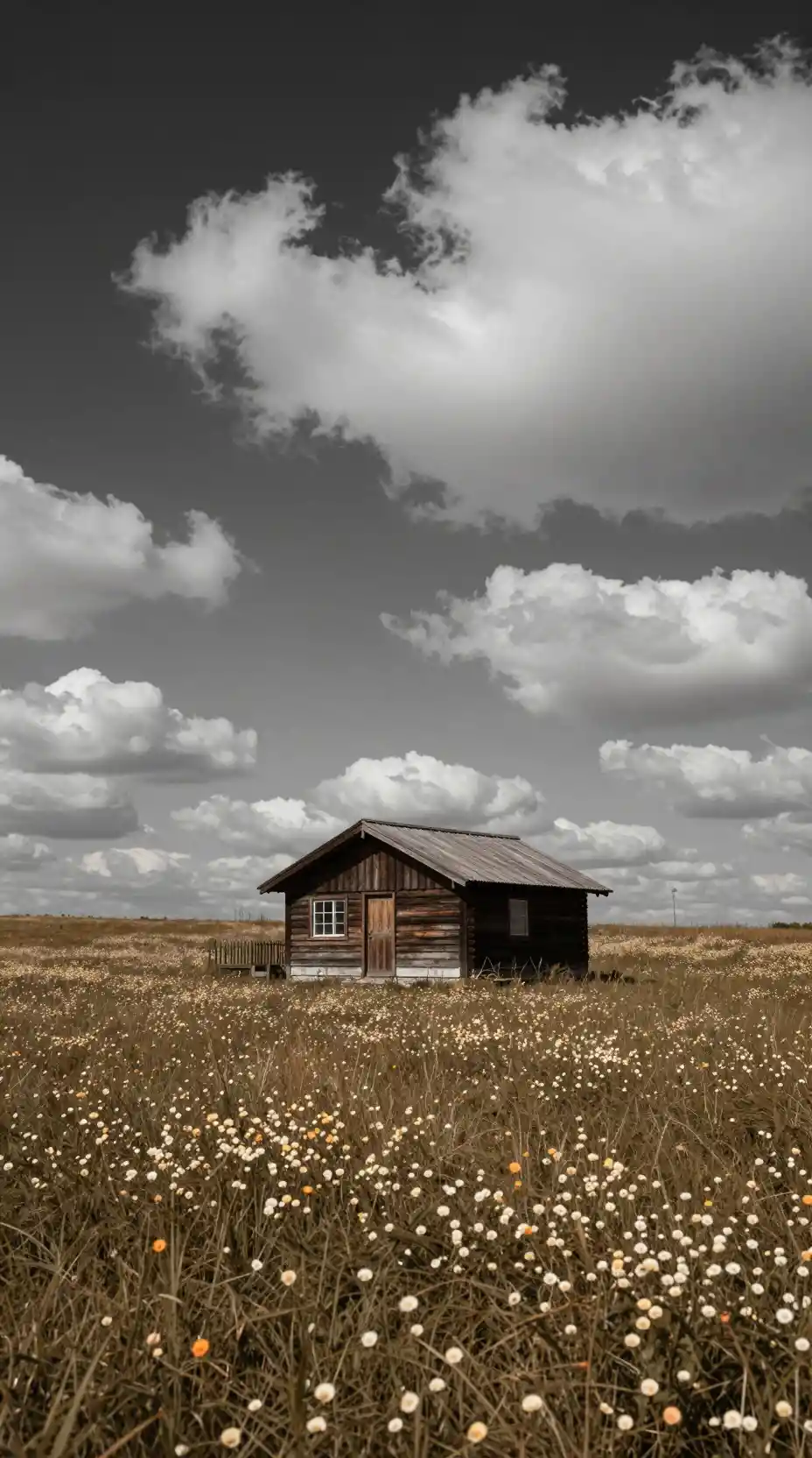 Rustic cabin in a wide flower field under dark clouds