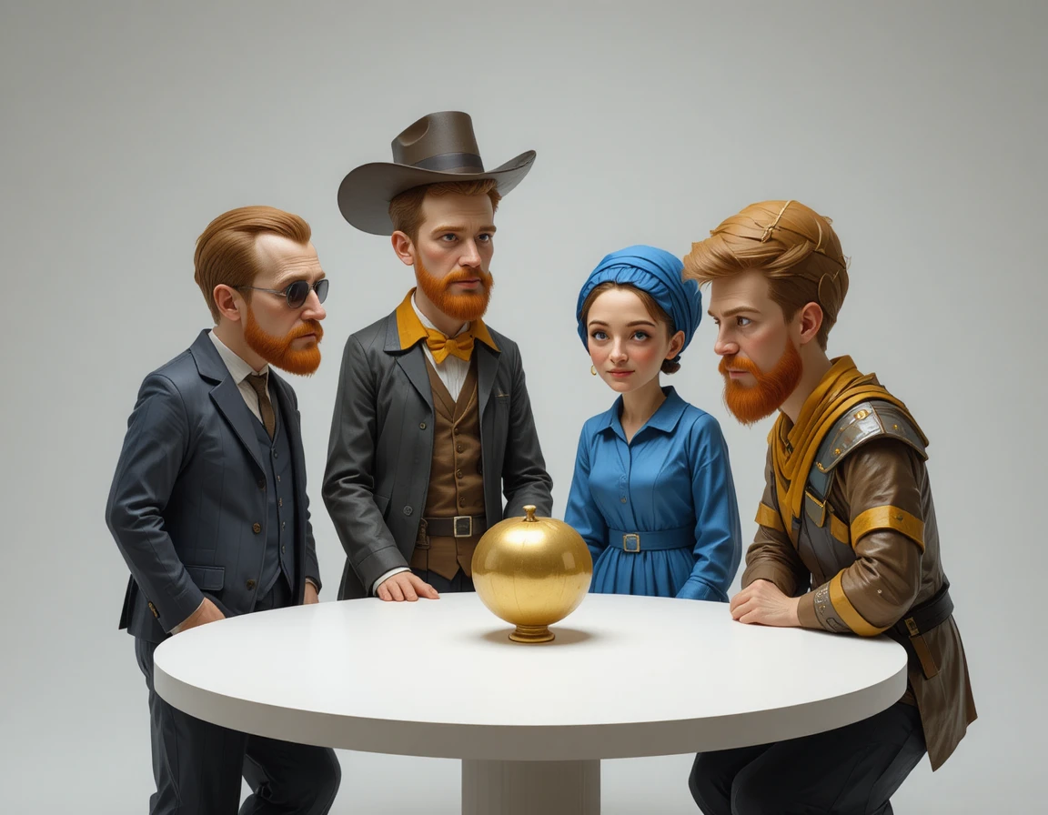 Quattro personaggi low poly fissano un singolo lingotto d’oro