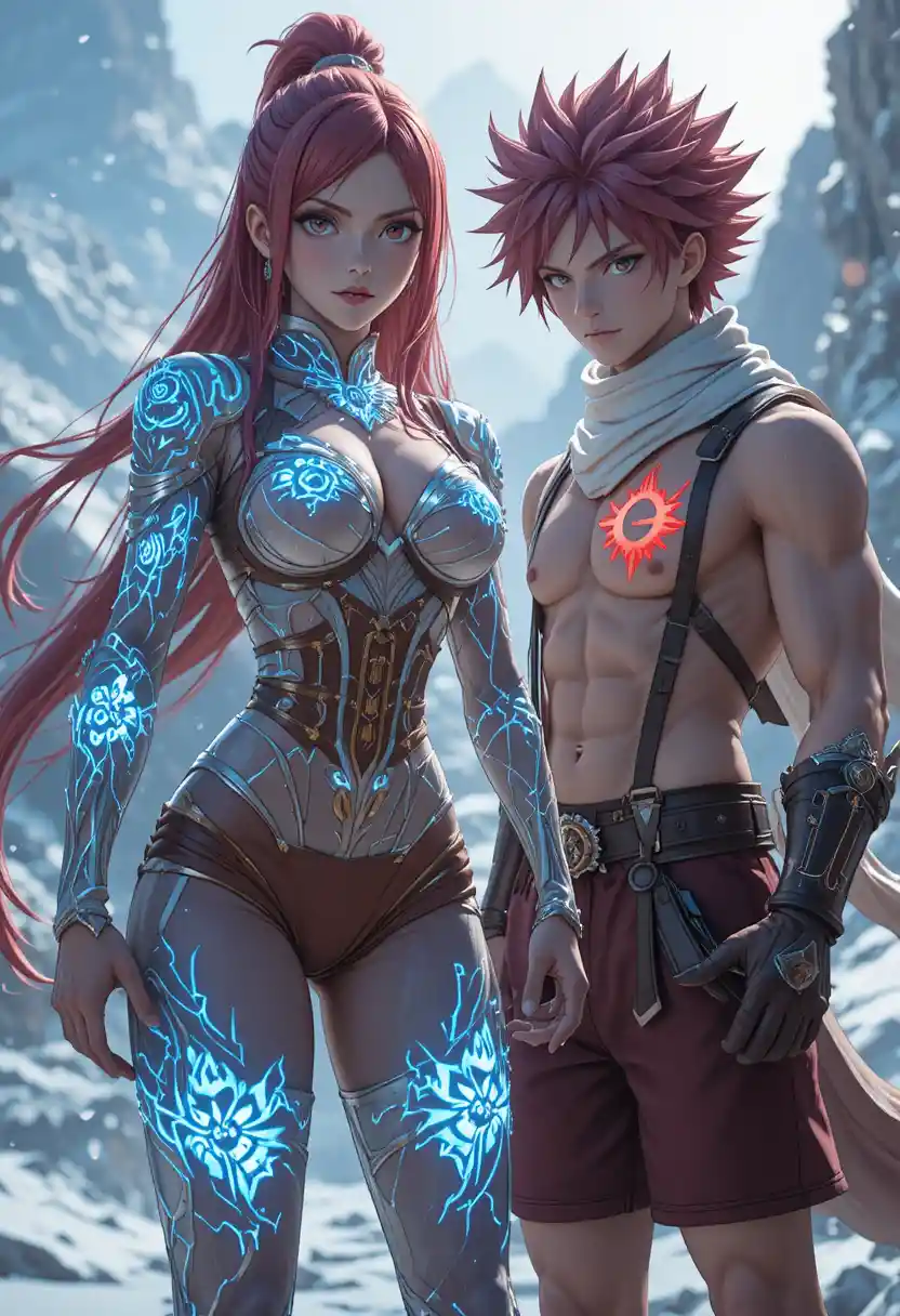 雪の島の戦場で対峙する2人のアニメ戦士
