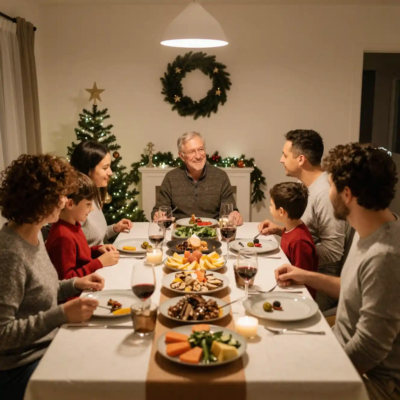 家族が自宅でくつろいで楽しむクリスマスディナー