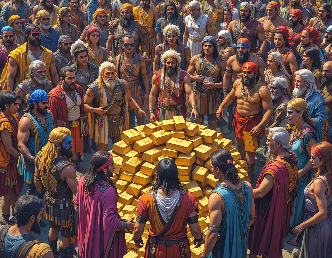 Colorful historical characters encircling stacked gold bars