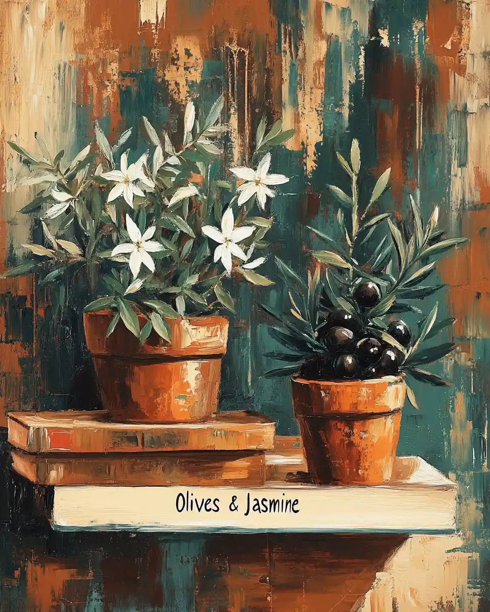 Logo with potted plants and books for Olives and Jasmine