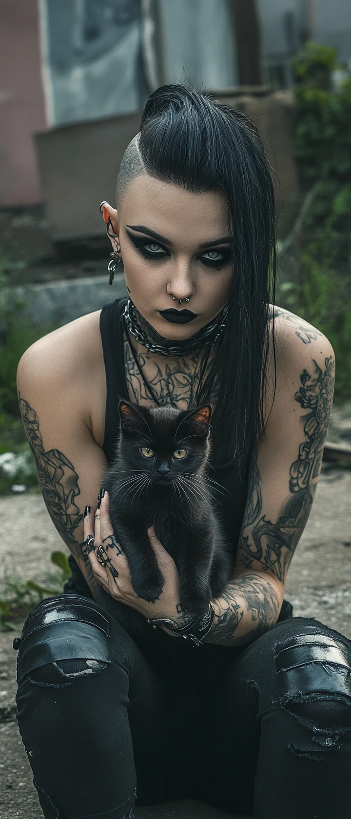 Mulher punk segurando um filhote de gato preto em um quintal degradado