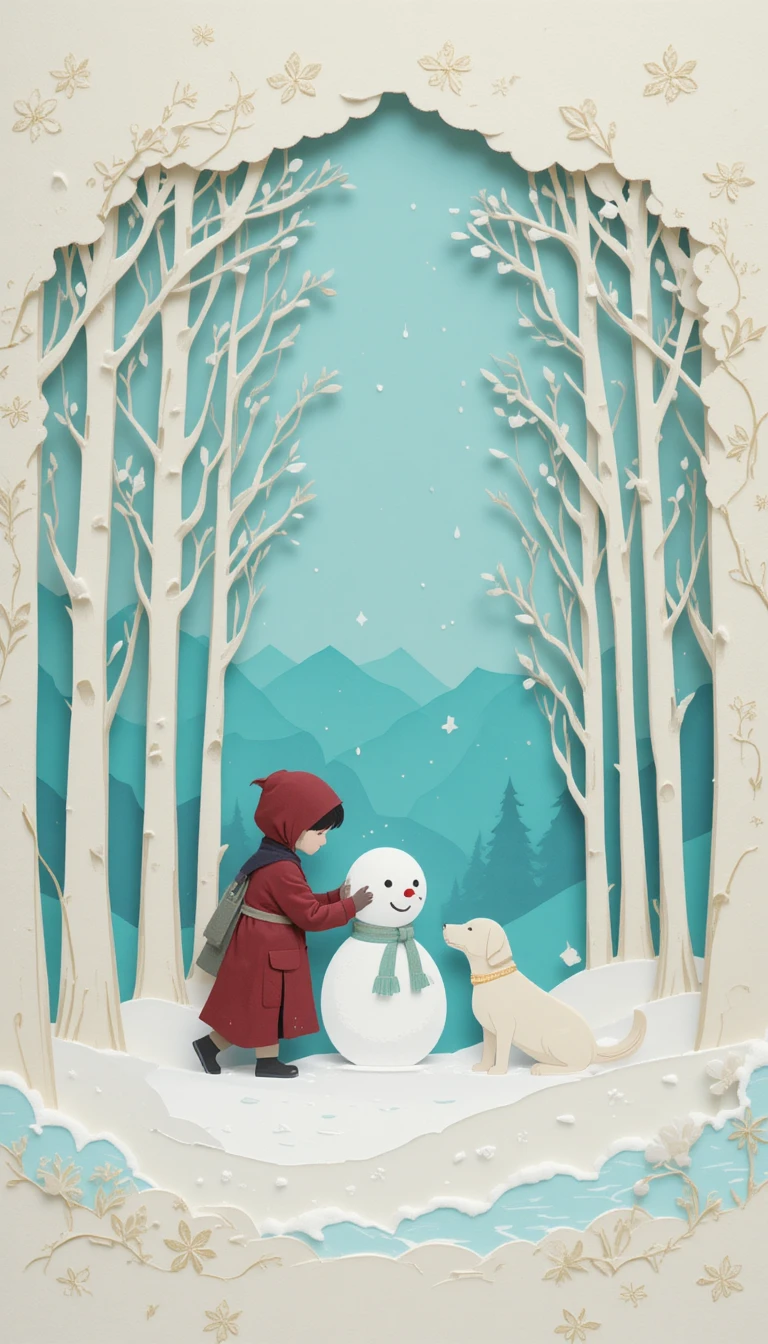Bambino che costruisce un pupazzo di neve nella quieta foresta invernale di carta