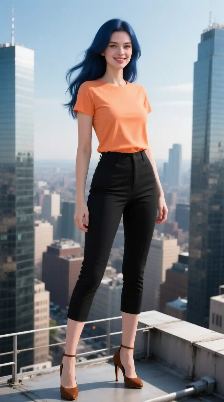 Confident French woman on city rooftop in stylish outfit