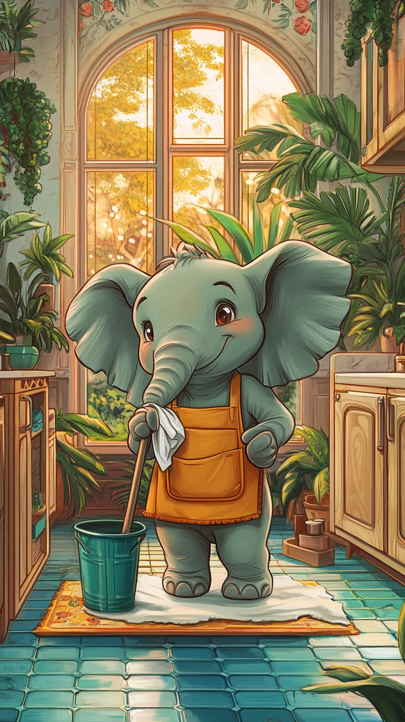 Elefante Desenho Animado Alegre Limpando em um Banheiro Estiloso