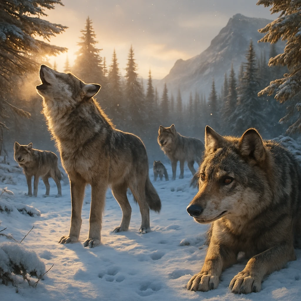 Lobos vagando por uma floresta montanhosa nevada na hora dourada