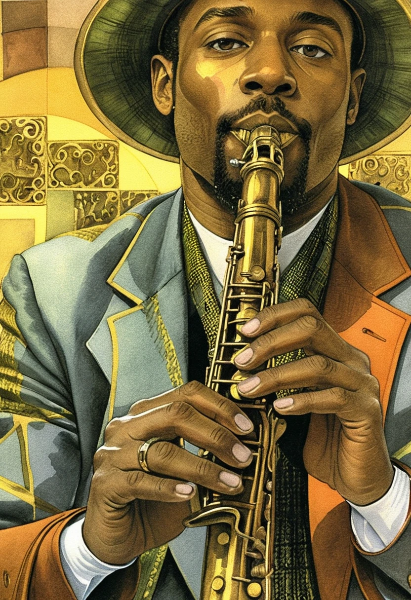 Retrato cubista de um saxofonista de jazz em tons de azul e dourado