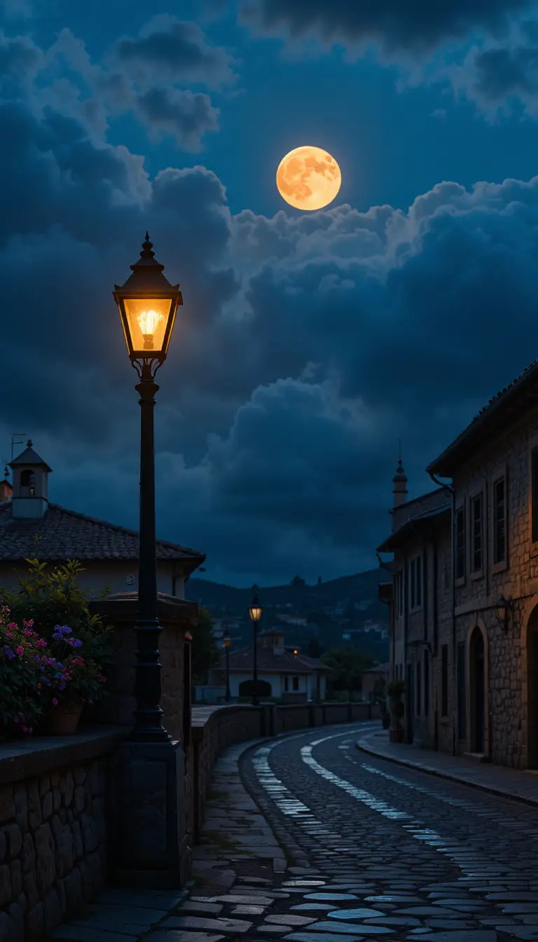Full moon night over a quiet cobblestone street