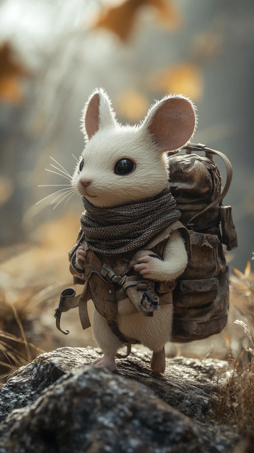 Petit souris déterminée escaladant un promontoire rocheux baigné de soleil