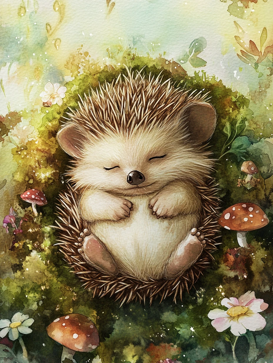 Doce ouriço-bebê em aquarela enroscado no chão de floresta coberto de musgo