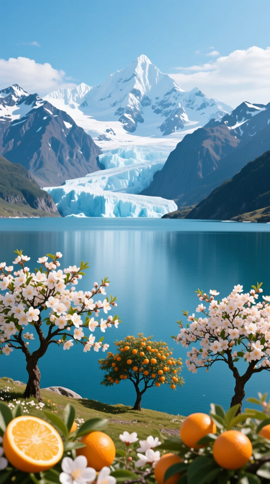 Iceberg mountain range with lake and blooming trees