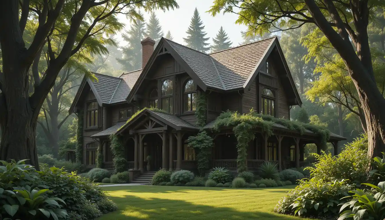 Wooden house surrounded by greenery in gentle daylight