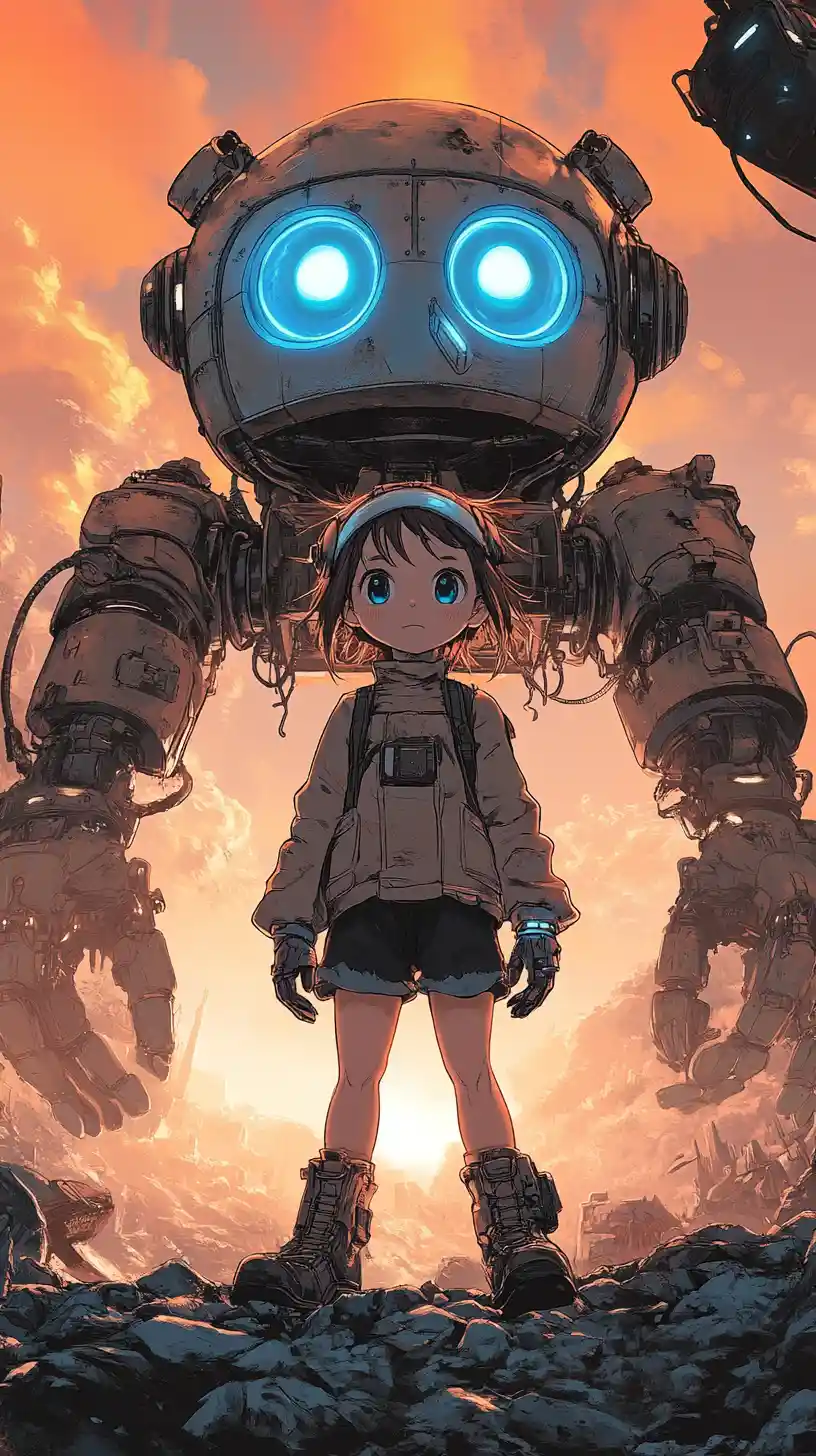 Young girl with robot at a post apocalyptic sunset