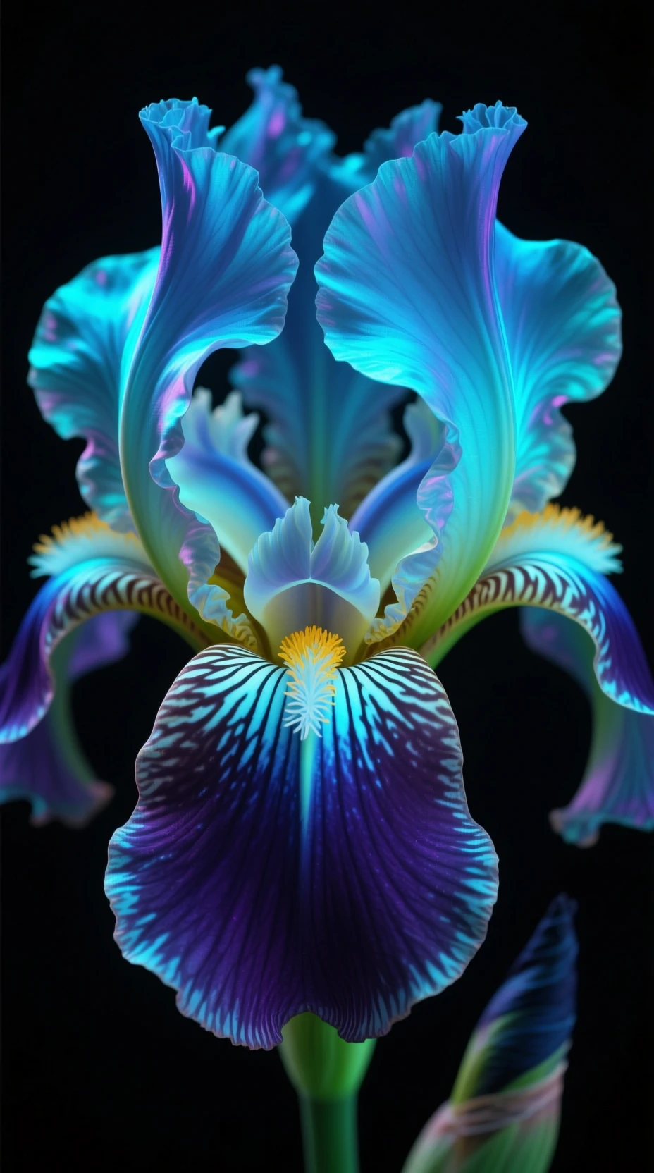 Iride neon scura in ultra macro che brilla su sfondo nero